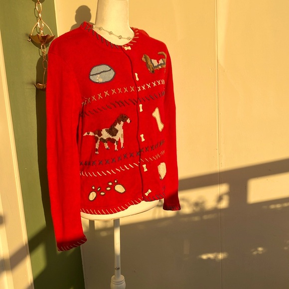 Vintage Sweaters - Vintage 90s Y2K Novelty Print Dog Sweater Cardigan